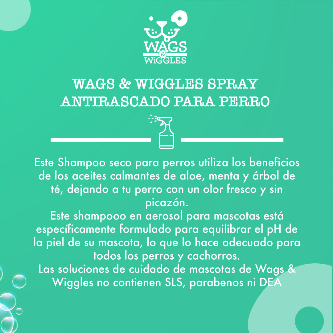 Shampoo spray anti-rascado para perros Wags & Wiggles, aceites calmantes. Aroma fresco.  355 m