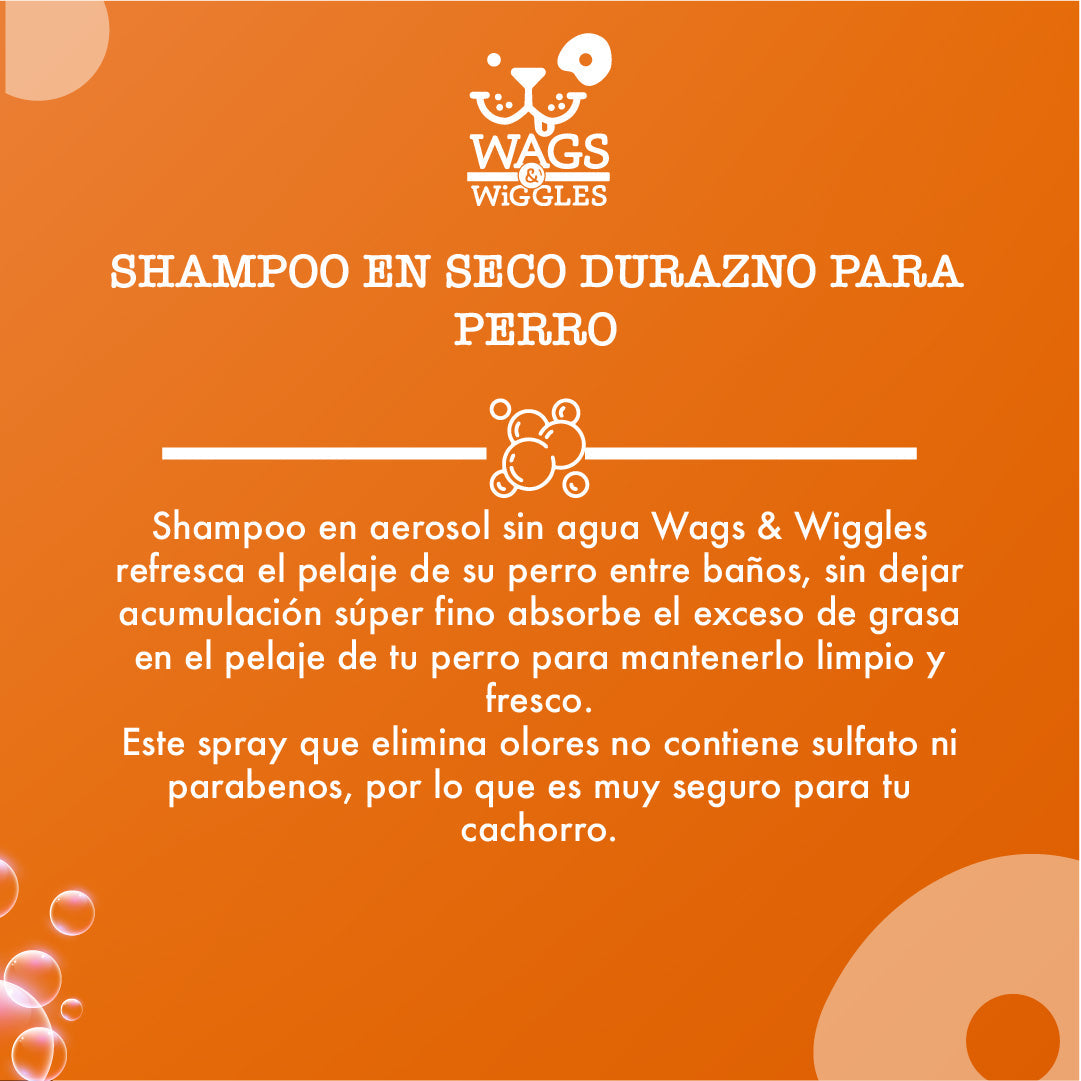 Shampoo en spray sin agua Wags & Wiggles para perros, refresca y elimina olores.  Aroma a melocotón. 198 g