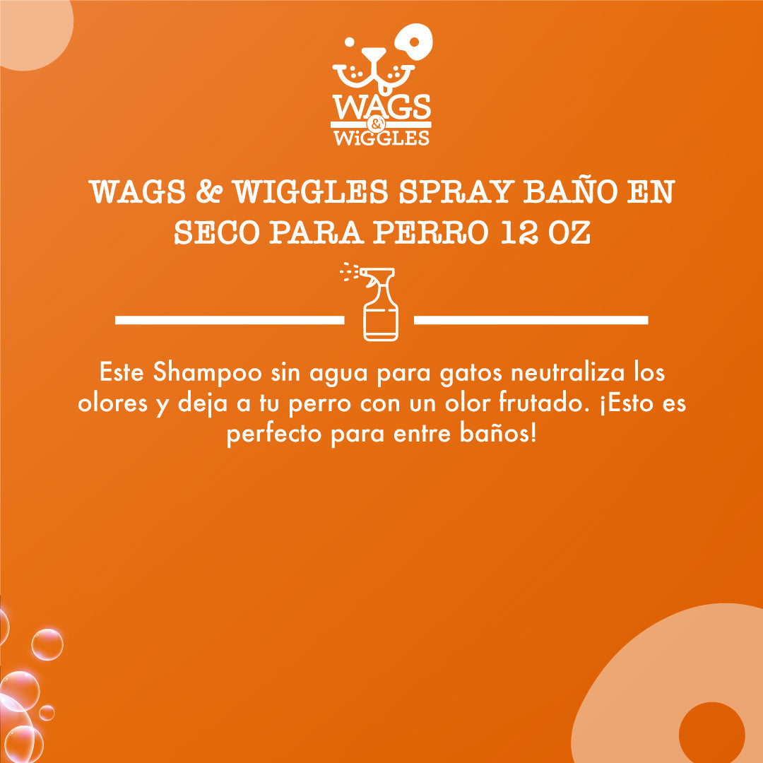 Shampoo en spray en seco Wags & Wiggles para perros, refresca y elimina olores.  Aroma frutado. 355 mL