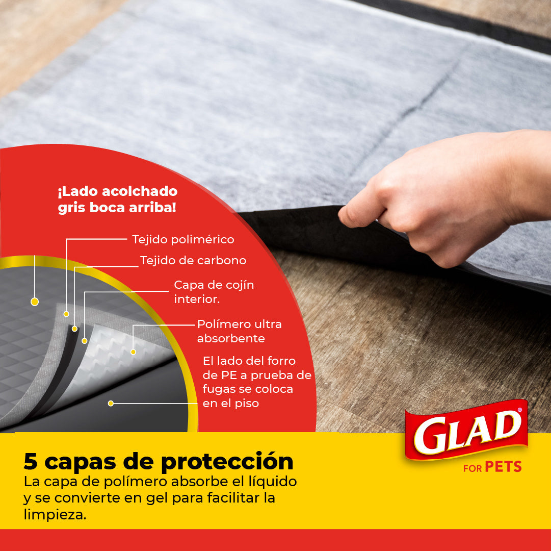 Tapete Entrenador para Perro Glad 5 Capas a Prueba de Fuga, Elimina Olor, Convierte Orina a Gel 14pz