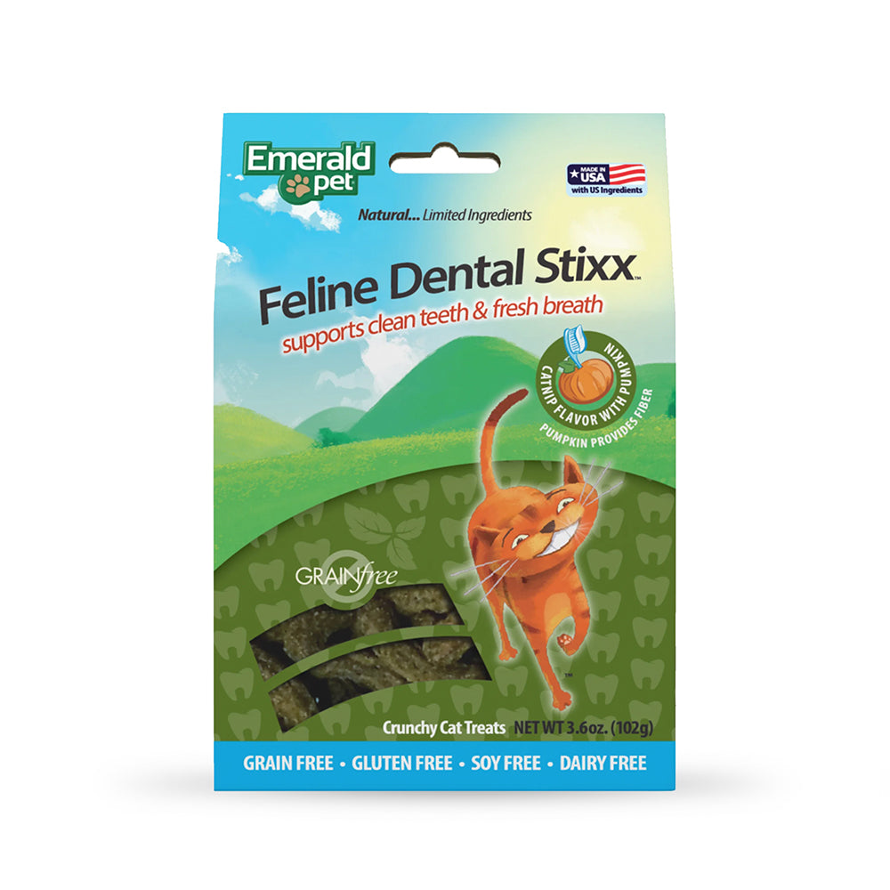 Premios Para Gatos Dental Stixx Emerald Pet Sin Granos, Sabor Catnip y Calabaza 3.6 oz.