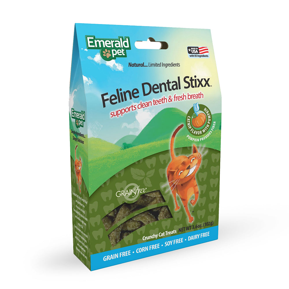 Premios Para Gatos Dental Stixx Emerald Pet Sin Granos, Sabor Catnip y Calabaza 3.6 oz.