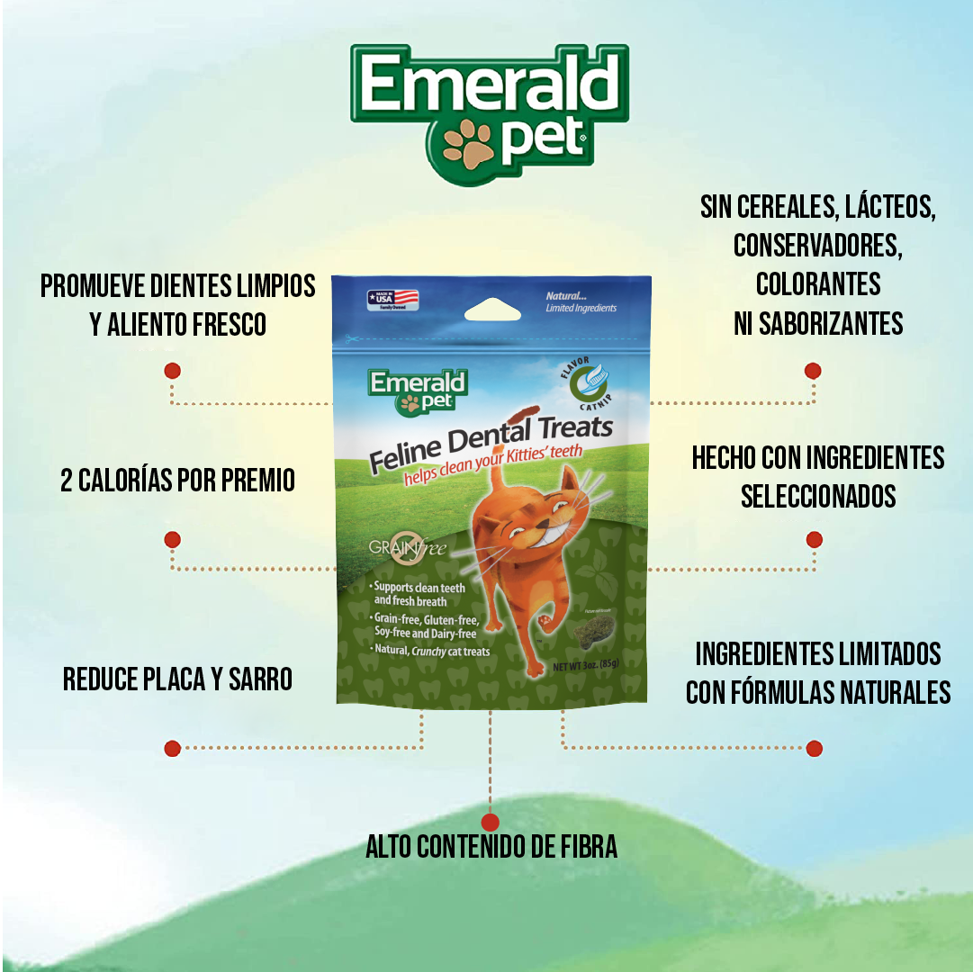 Emerald Pet Premios para Gatos Dental Treats, Sabor Catnip, Dientes Limpios, Fresh Pack 312gr