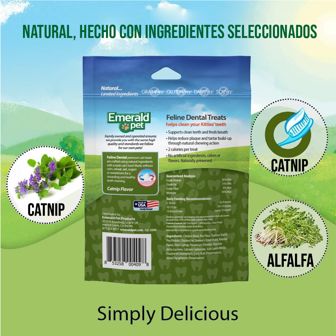 Emerald Pet Premios para Gatos Dental Treats, Sabor Catnip, Dientes Limpios, Fresh Pack 312gr