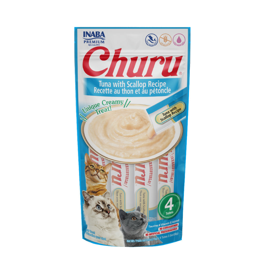 Inaba Churu Atún y Callo de Hacha, Snack Cremoso para Gatos - 4 tubos 14gr cu