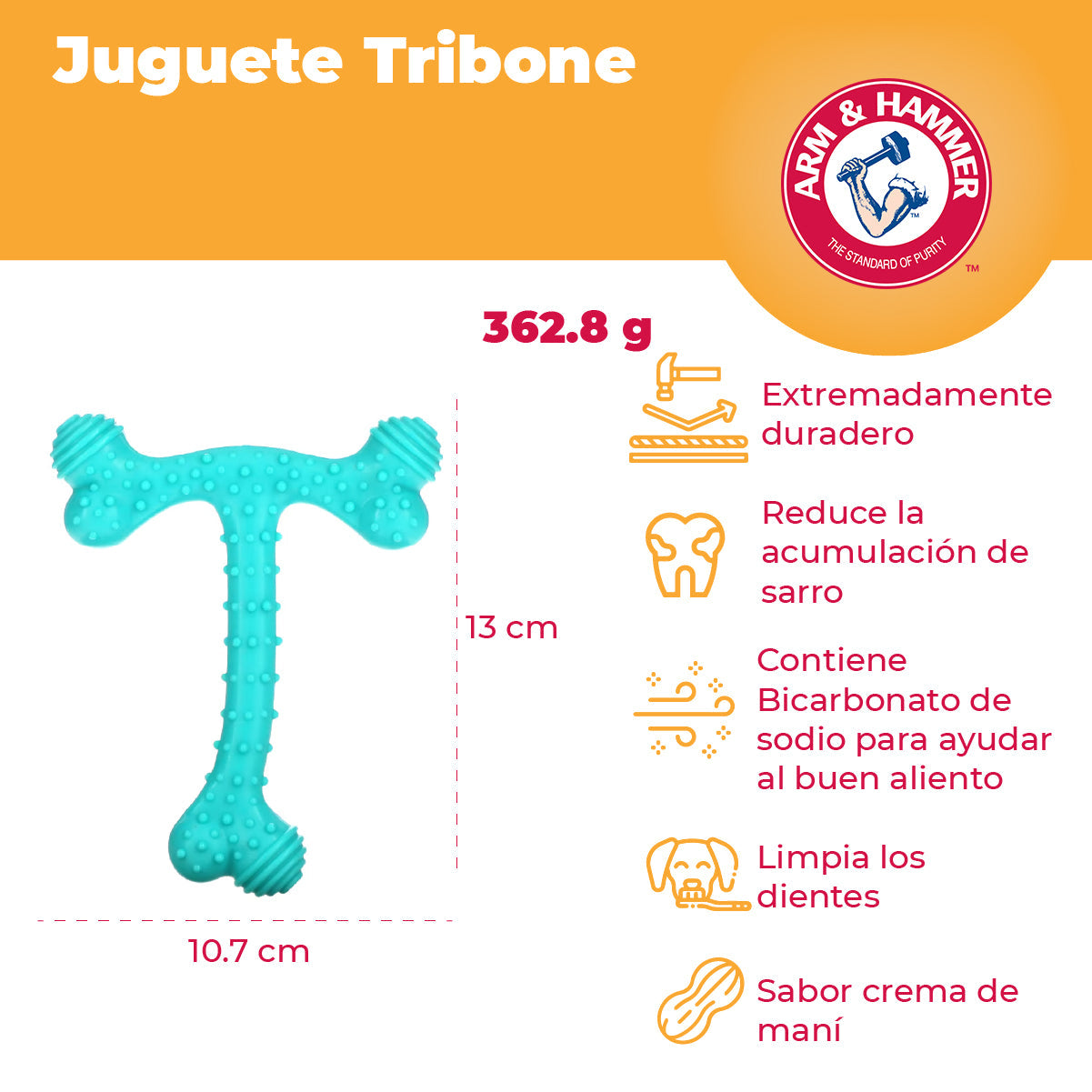 Arm & Hammer Juguete para Perro en forma de T-Bone, Limpia dientes, Sabor Mantequilla de Maní 1pz