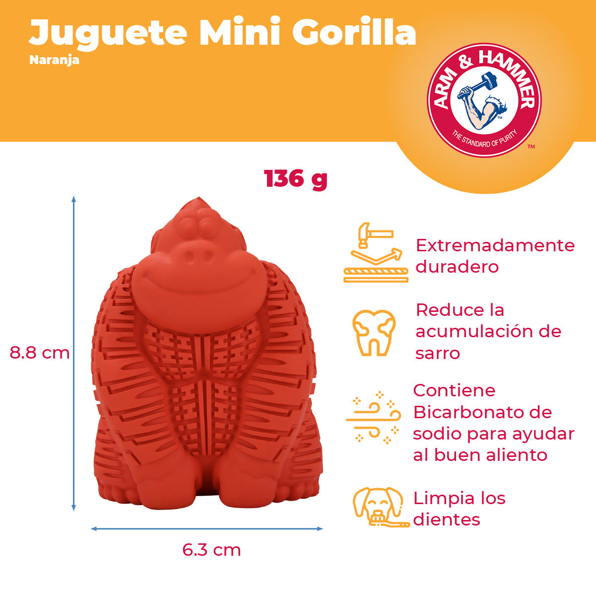 Arm & Hammer Juguete para Perro Mini Gorilla, Limpia Dientes y Reduce Sarro, Ultra resistente, 1pza