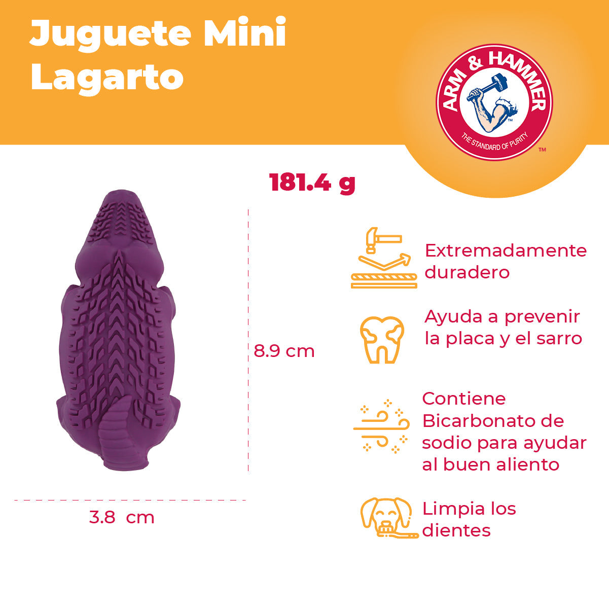 Arm & Hammer Juguete para Perro Mini Cocodrilo, Limpia Dientes y Reduce Sarro, Ultra resistente, 1pz