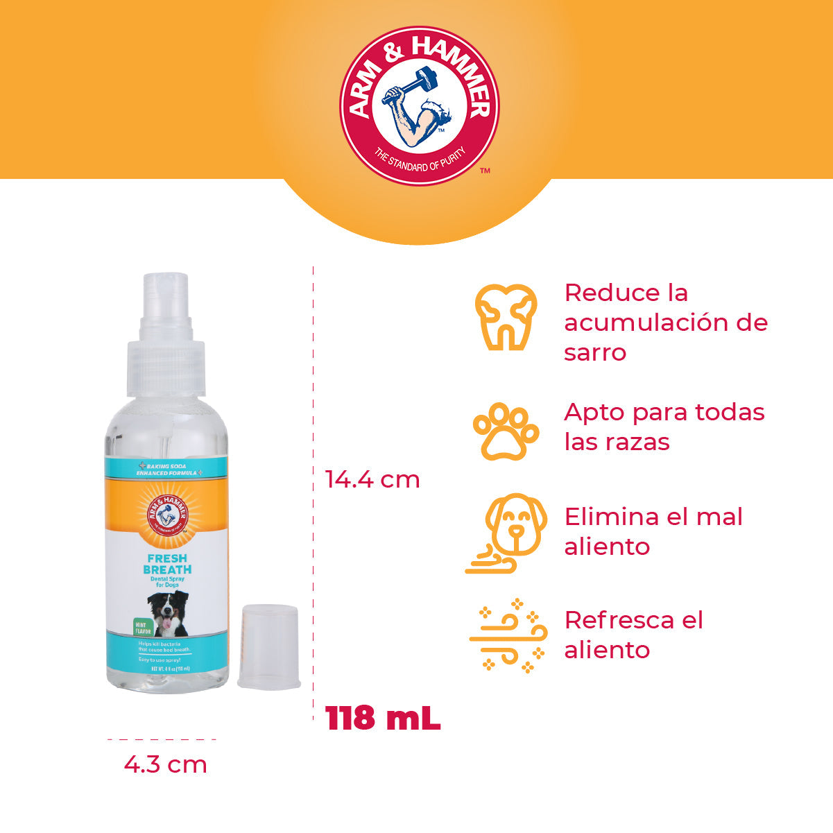 Arm & Hammer Spray Dental para Perro, Elimina el Sarro y Mal Aliento, Aliento Fresco Sabor Menta 1pz